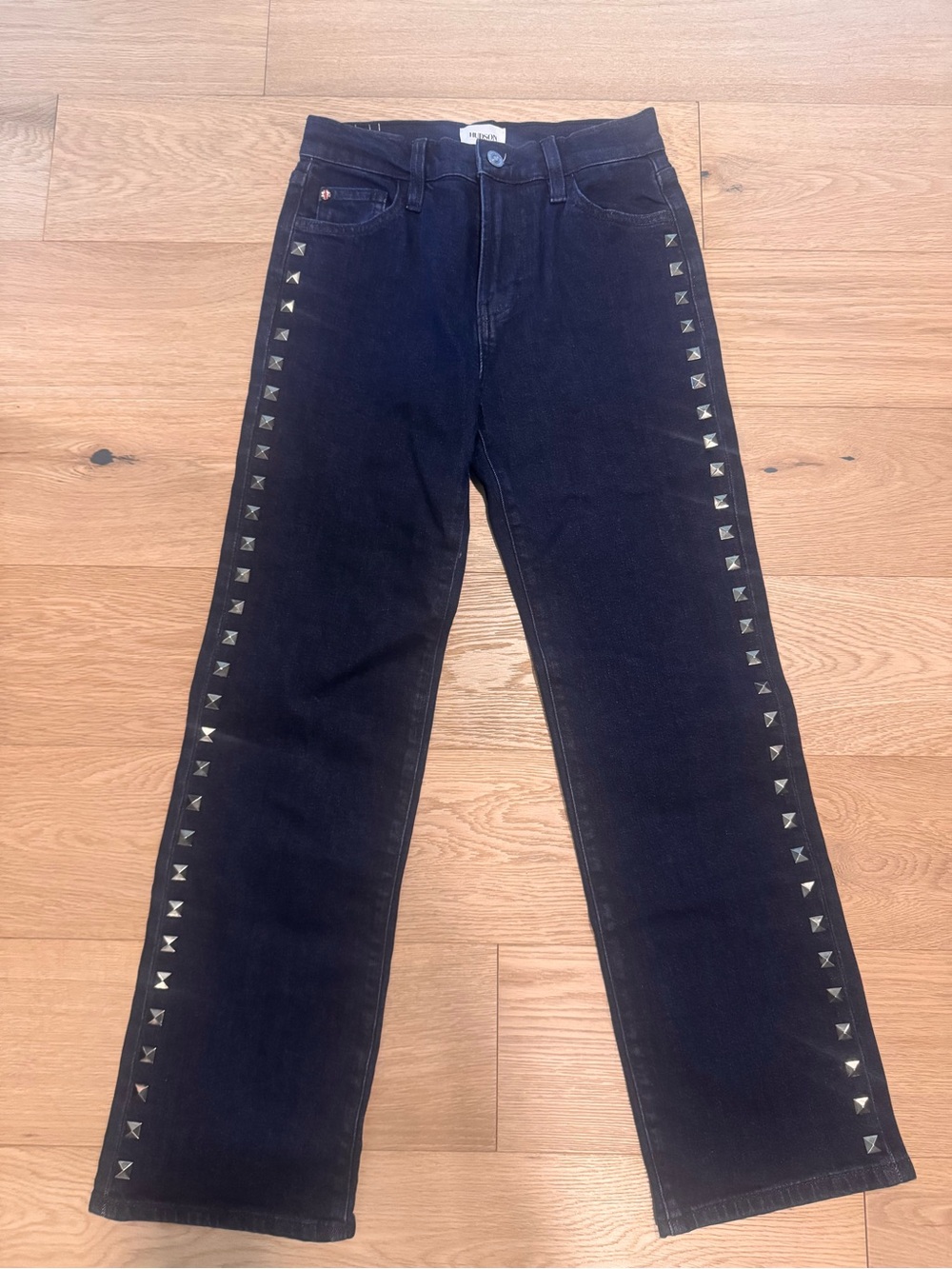 Hudson Jeans “Noa” High-Rise Straight Leg Jeans with Silver Stud Trim